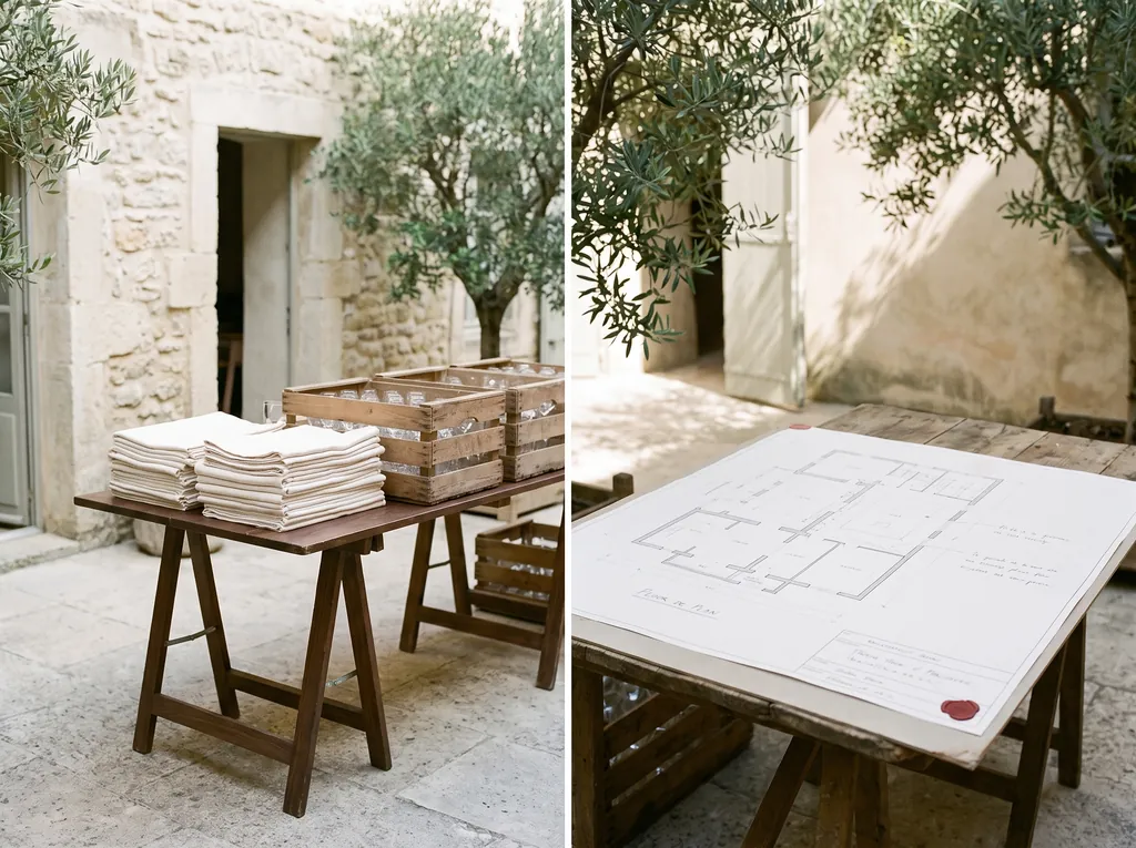 Folded linens, glassware in crates and a printed floor plan on a trestle table