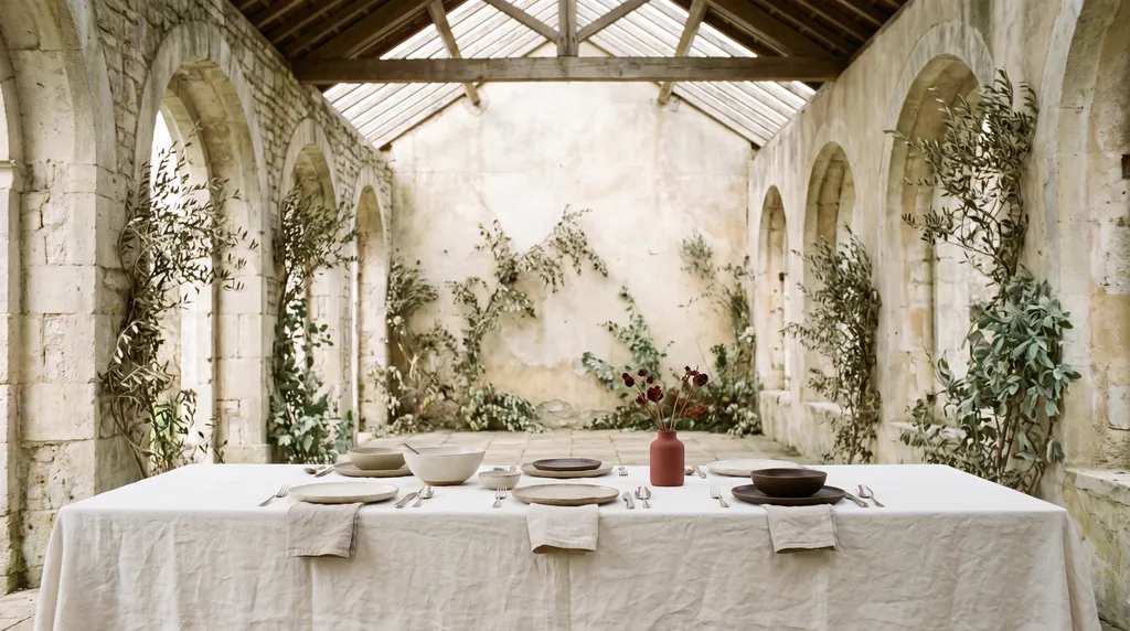 A celebration table inside the ruin of a stone orangery, the roof open to the sky