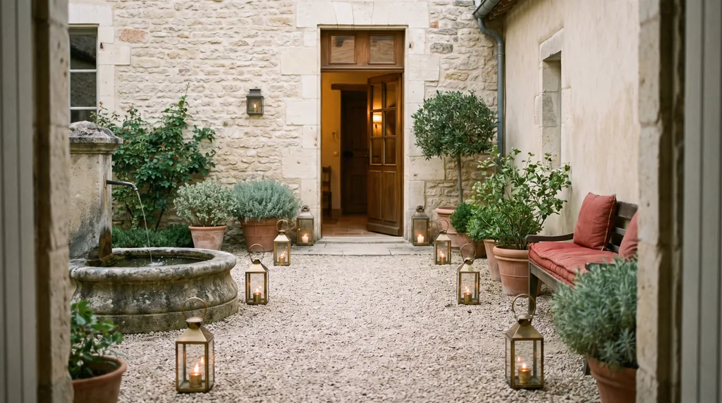 A courtyard arrival at dusk, lanterns along a gravel path and one open door with warm light