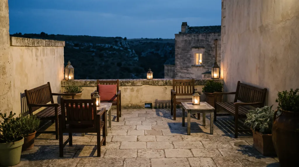 A stone terrace at blue hour, lanterns still lit after a celebration