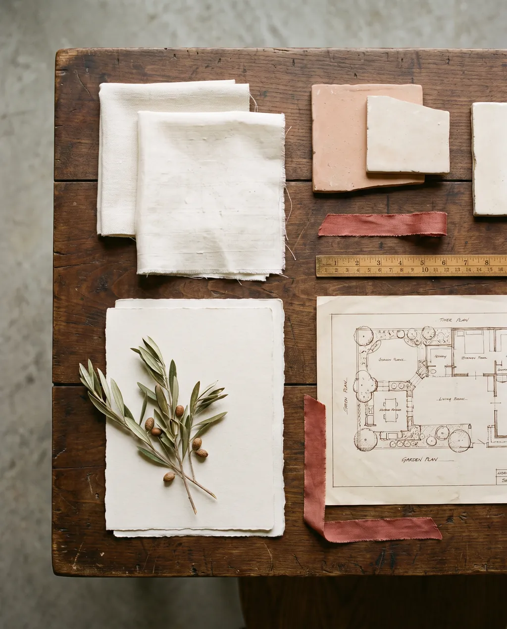 Une table d'atelier avec des échantillons de tissu, des essais de céramique, des papiers et un plan de jardin