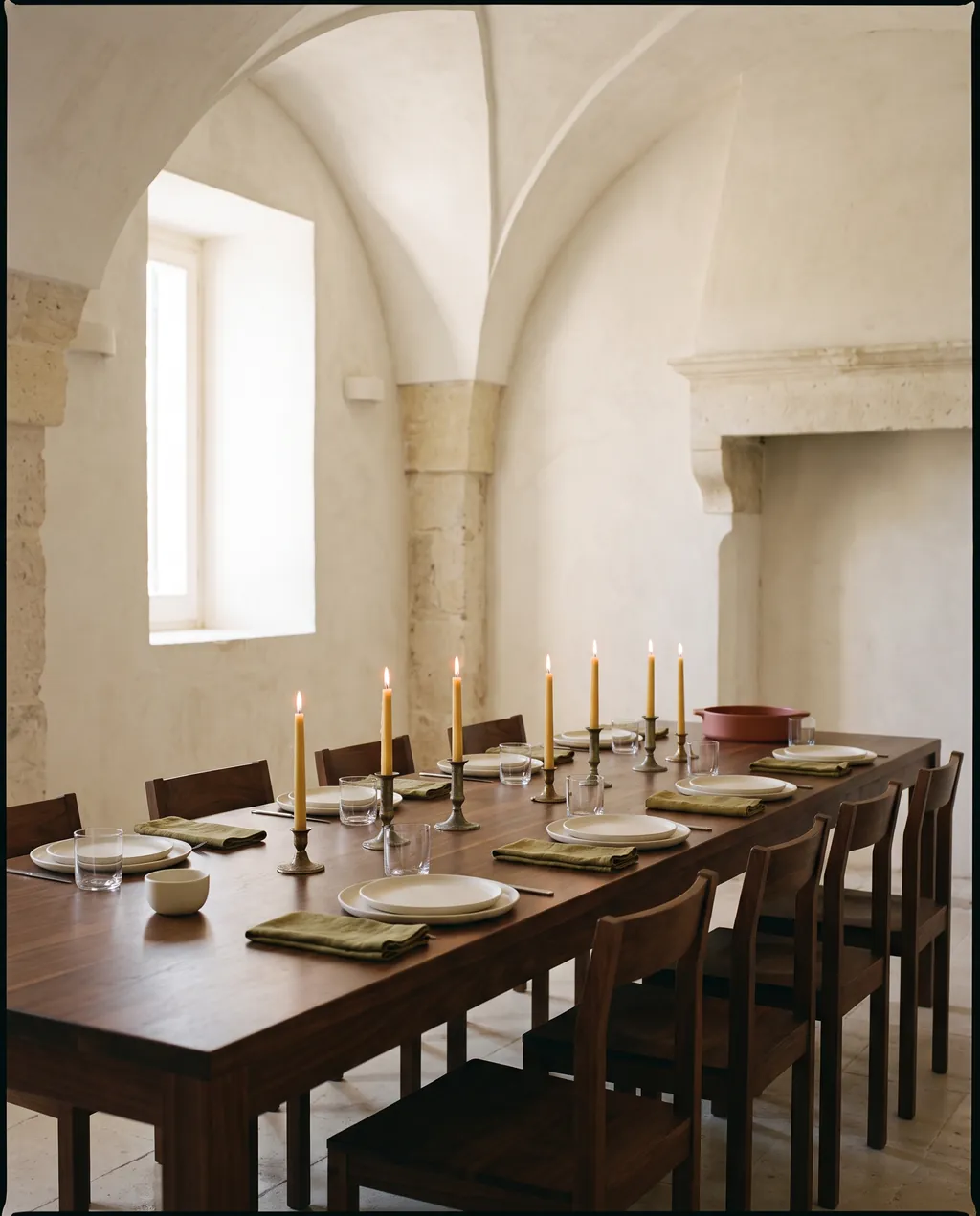 A long refectory table in a whitewashed vaulted room set for a private dinner