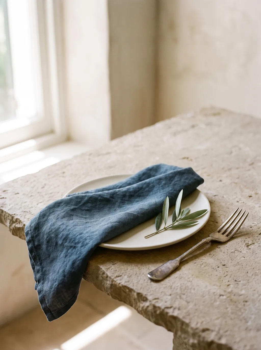 A smoked blue linen napkin folded on a hand-thrown ceramic plate