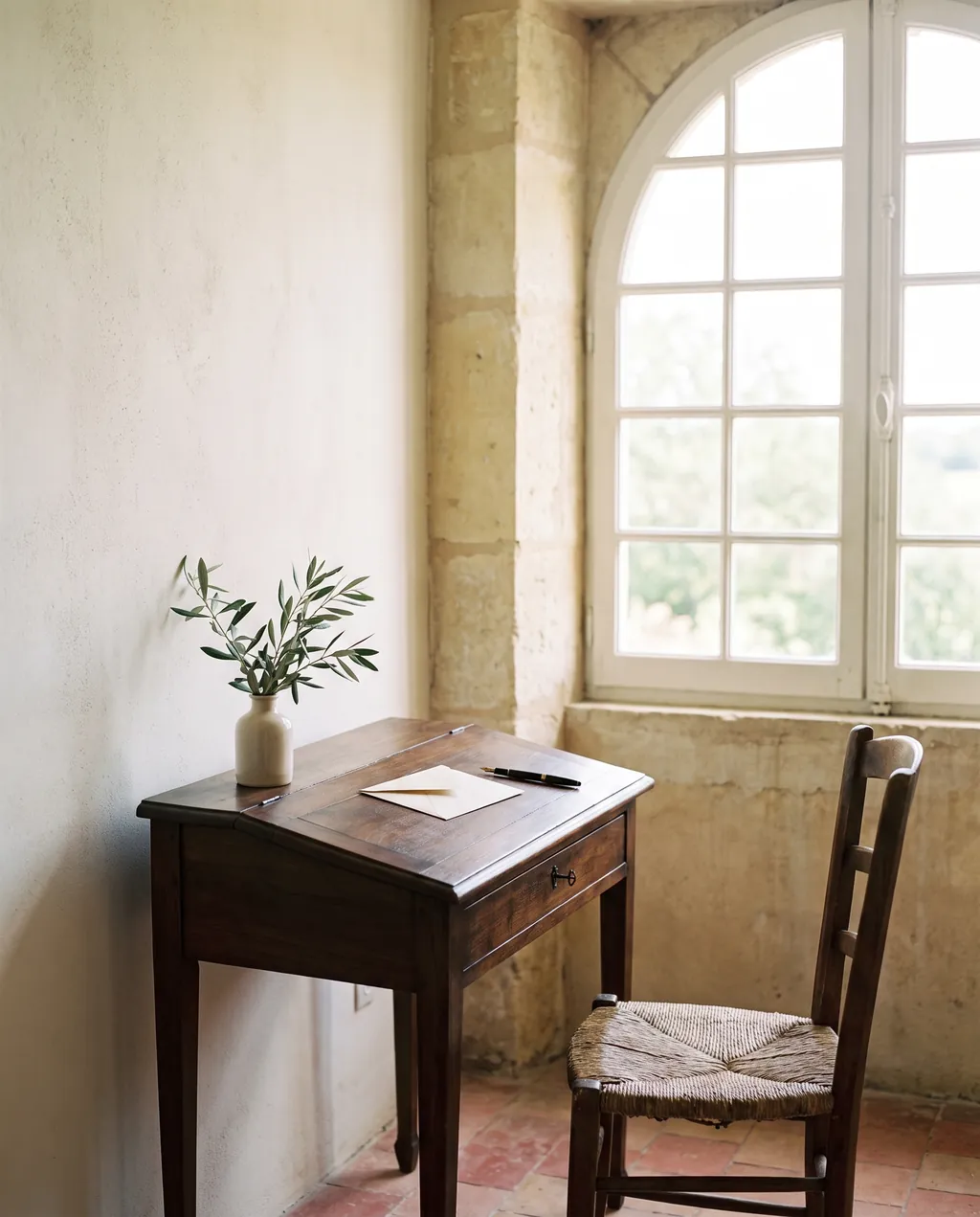 Un coin tranquille d'une maison de pierre, une table d'écriture ancienne près d'une fenêtre avec une enveloppe et un stylo
