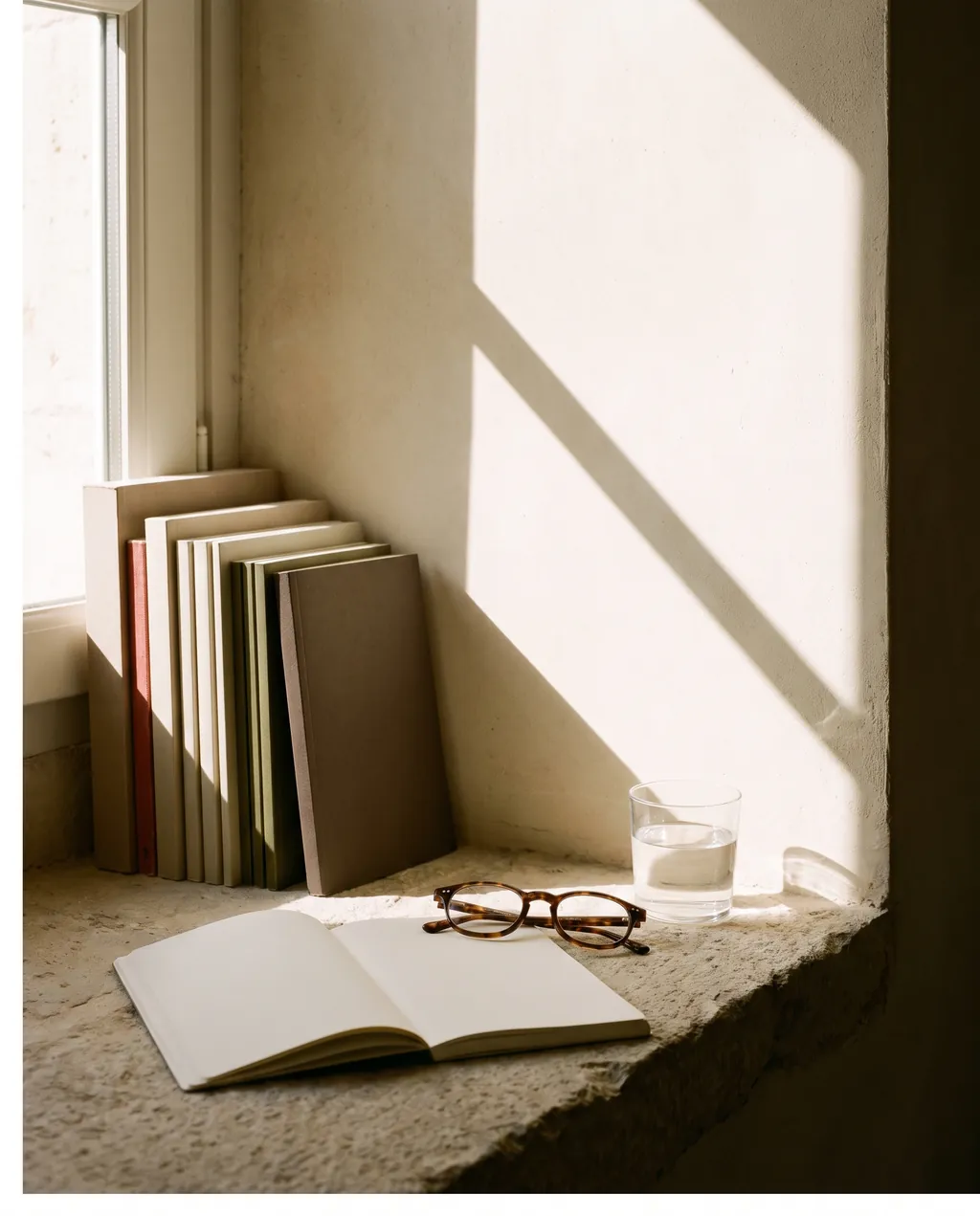 A stack of printed matter and an open notebook on a stone ledge beside a window