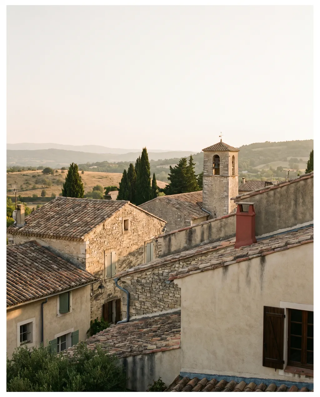 Rooftops of a Provencal hill village in the last light of the day