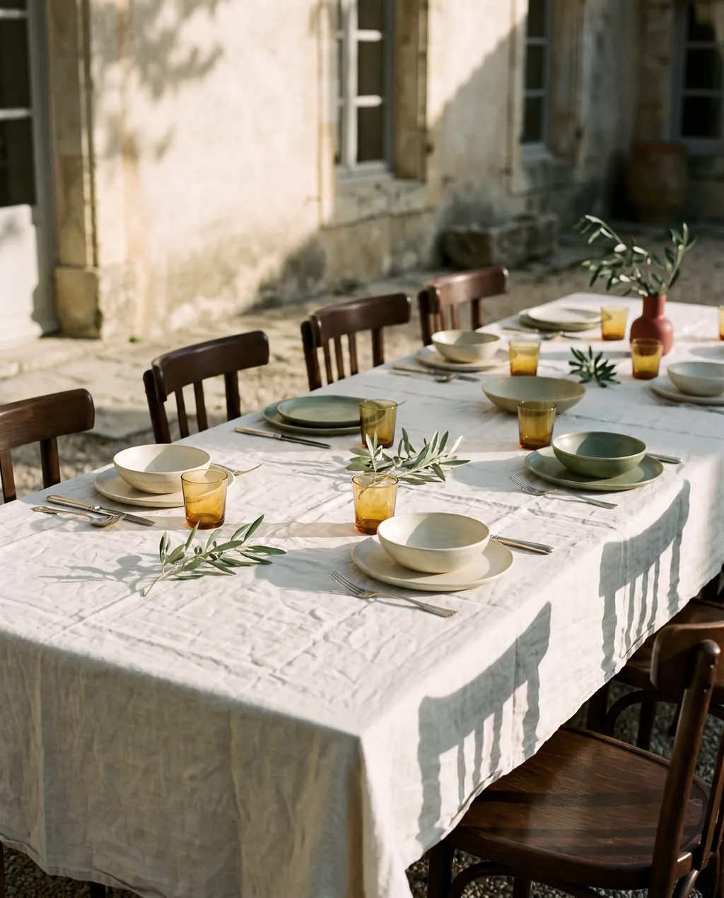 A long table dressed and finished before the guests arrive, under plane trees in Provence