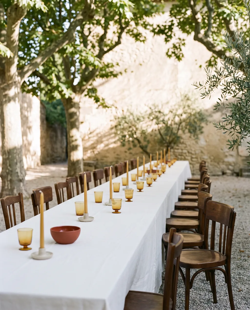 A very long dressed table under plane trees at golden hour seen down its axis