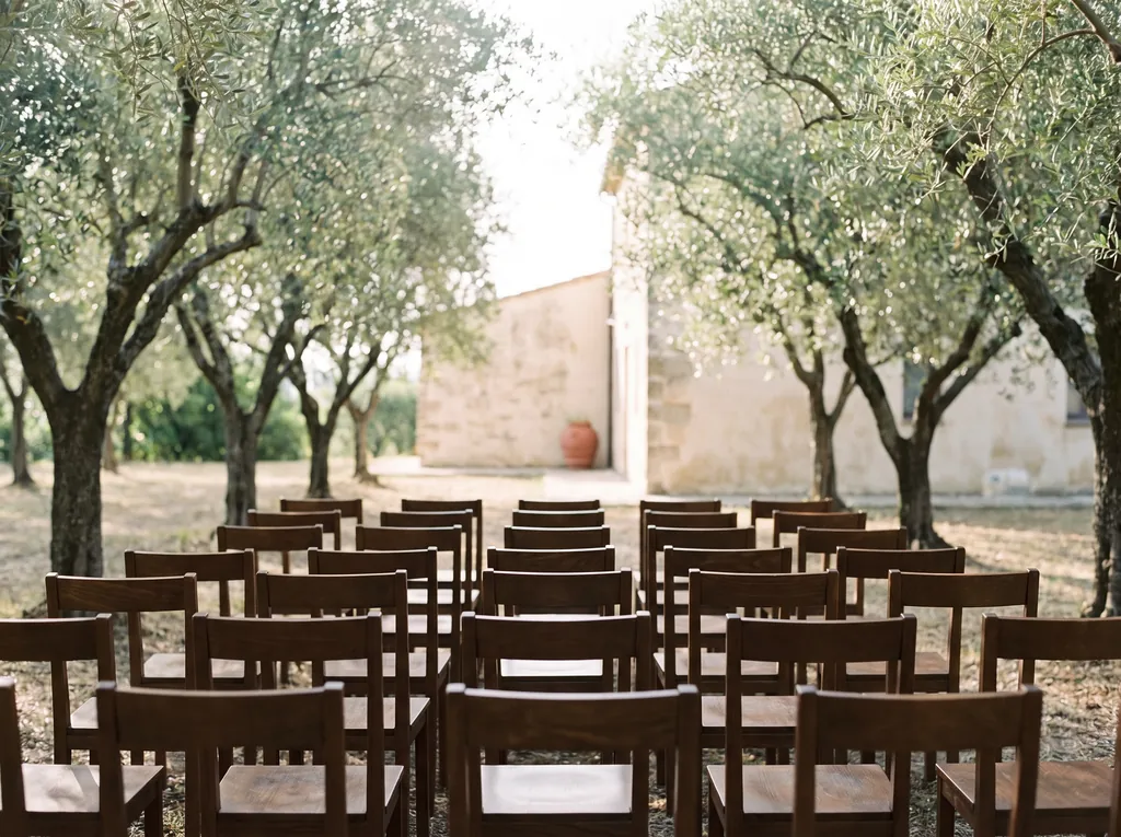 Rows of wooden chairs set out in an olive grove before a ceremony