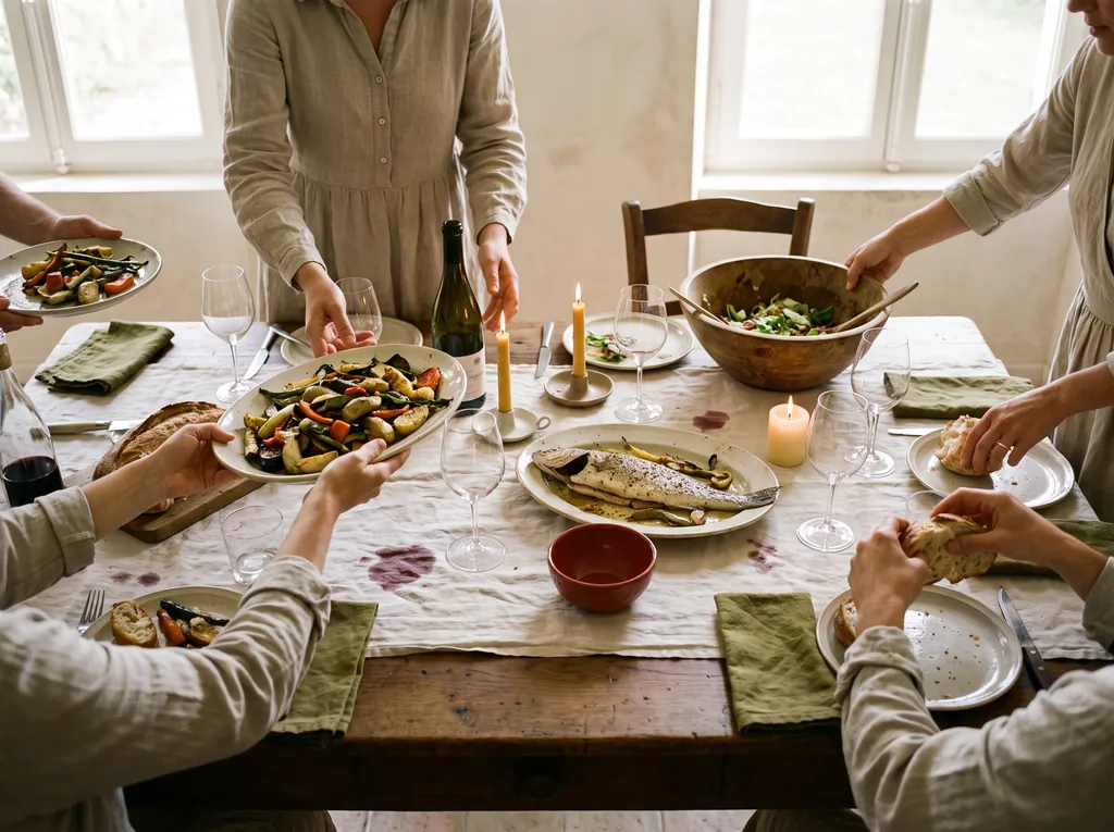 A long French dinner seen from above, platters passed and candles burning low
