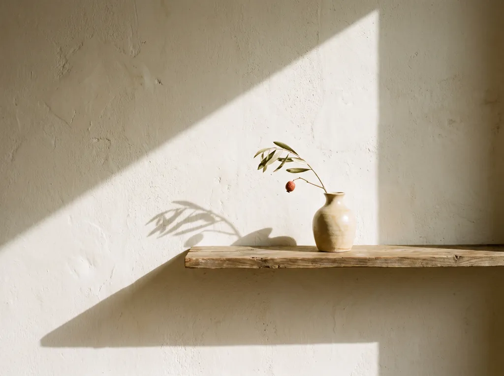 A single stem in a ceramic vase against a plaster wall in hard afternoon light