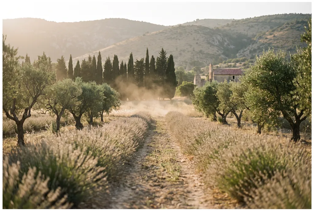 Rows of lavender and cypress in the low light of a Provencal evening