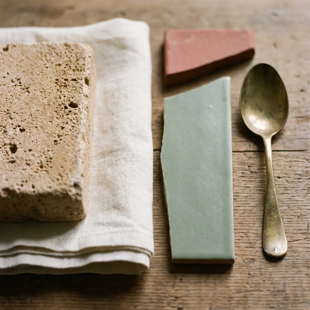 Close up of limestone, washed linen, glazed ceramic and aged brass