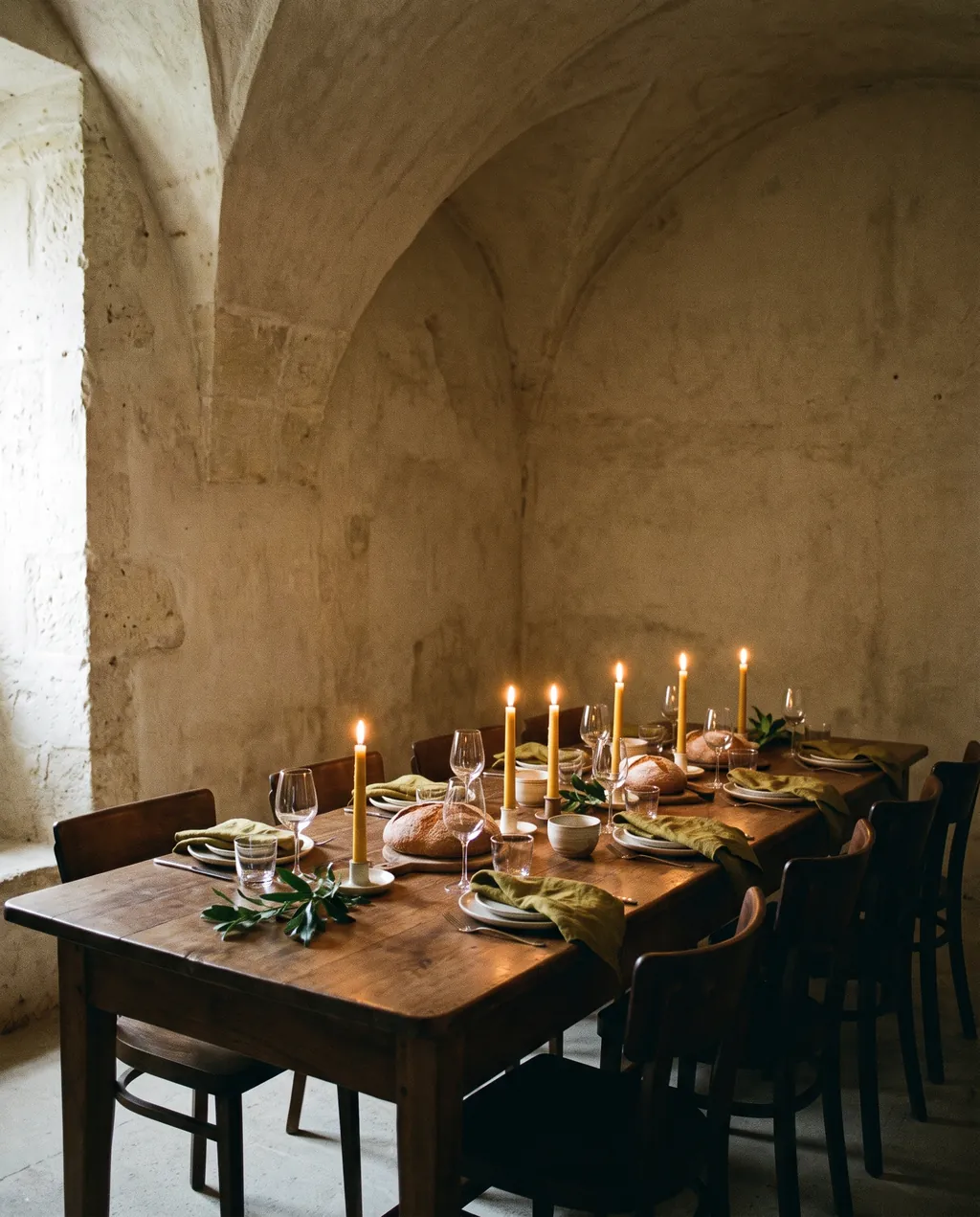 An intimate dinner for eight in a vaulted stone room lit by candles