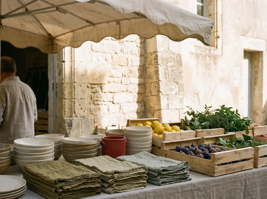 A morning market stall with stacked ceramics, folded linen and crates of lemons
