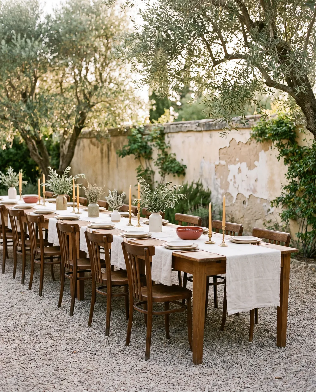 A dressed table for thirty running the length of a walled garden at dusk