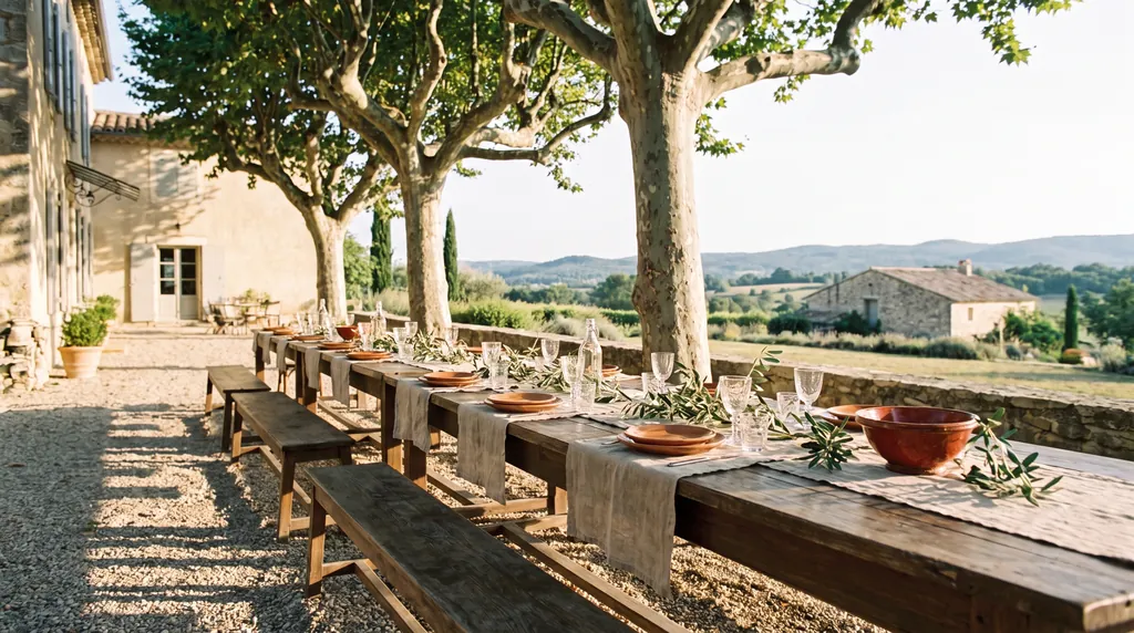 Une longue table dressée sous les platanes à l'heure dorée